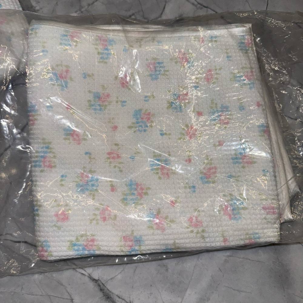 Vintage Sears Baby Blanket Waffle Weave Floral Satin Trim NEW